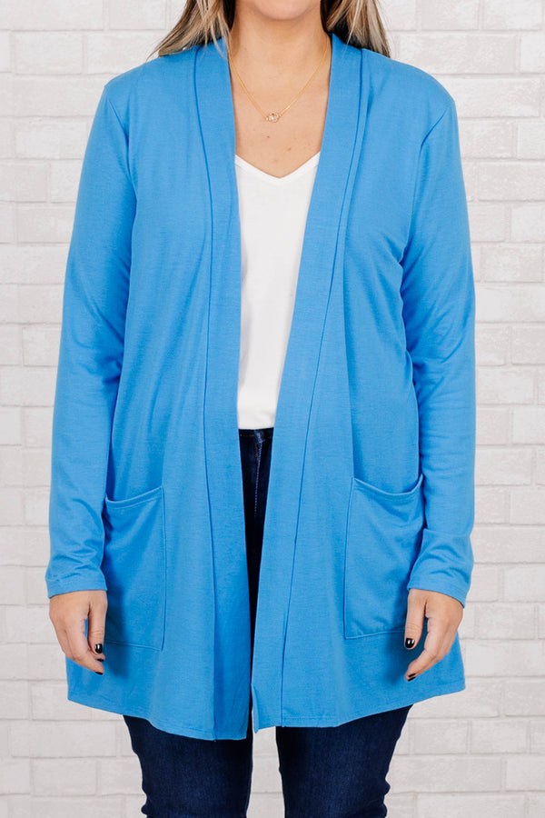 Chic Soul plus size clothing, deep sky blue light weight long sleeves cardigan with pockets