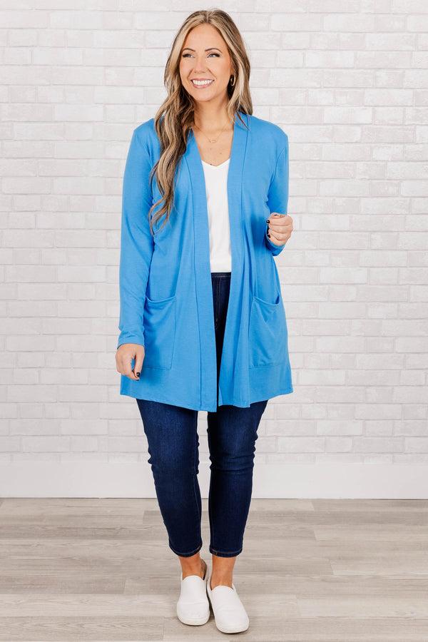 Chic Soul plus size clothing, deep sky blue light weight long sleeves cardigan with pockets