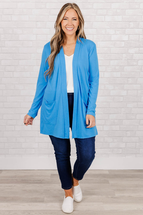 Chic Soul plus size clothing, deep sky blue light weight long sleeves cardigan with pockets