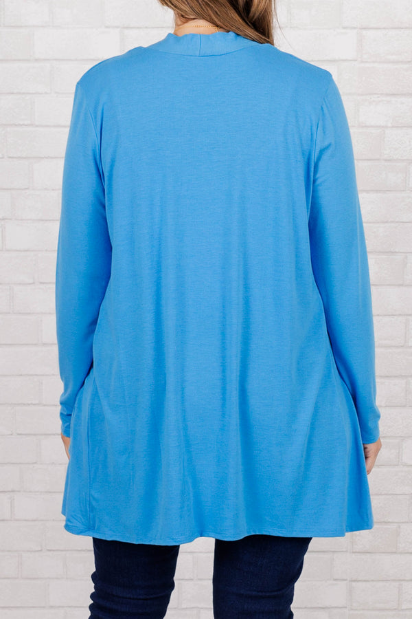 Chic Soul plus size clothing, deep sky blue light weight long sleeves cardigan with pockets