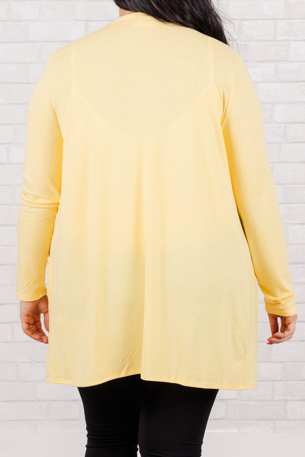 Chic Soul plus size clothing, Dusty Banana color open front cardigan with front pockets