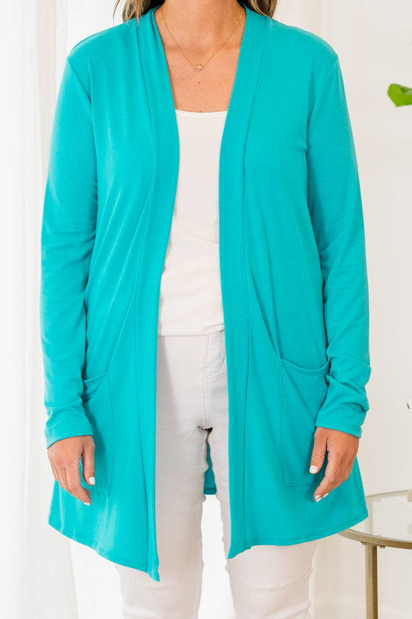 Chic Soul plus size clothing, ice blue long sleeve cardigan with two large front pockets