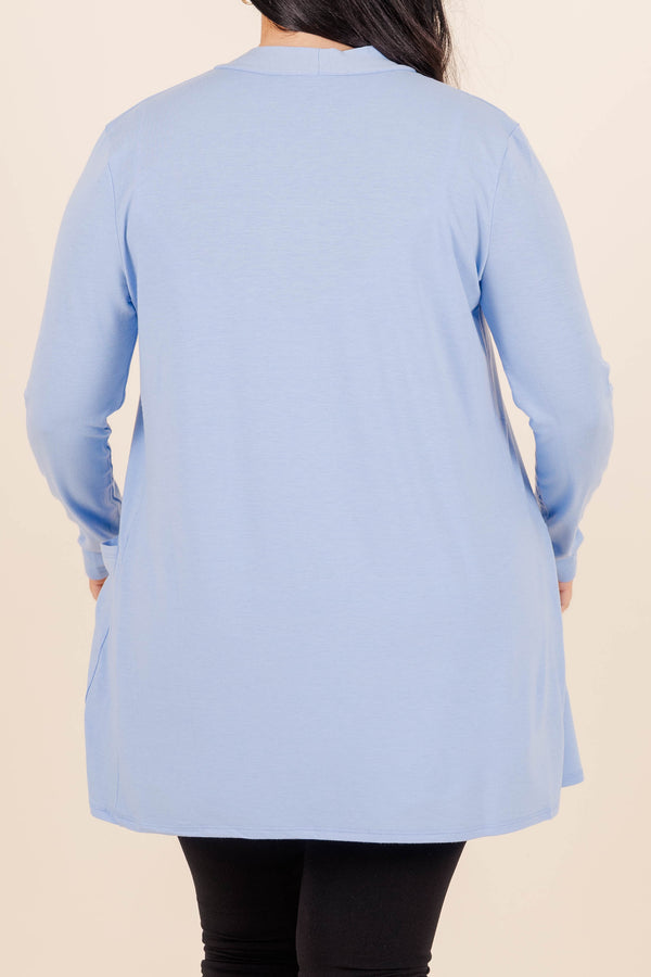 Chic Soul plus size clothing, spring blue lightweight buttery soft flowy mid thigh length cardigan