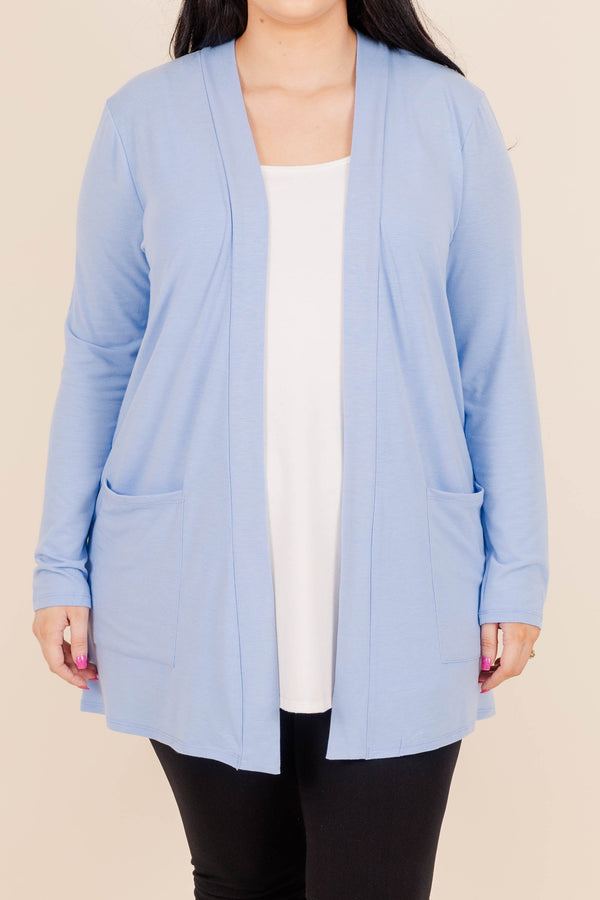 Chic Soul plus size clothing, spring blue lightweight buttery soft flowy mid thigh length cardigan