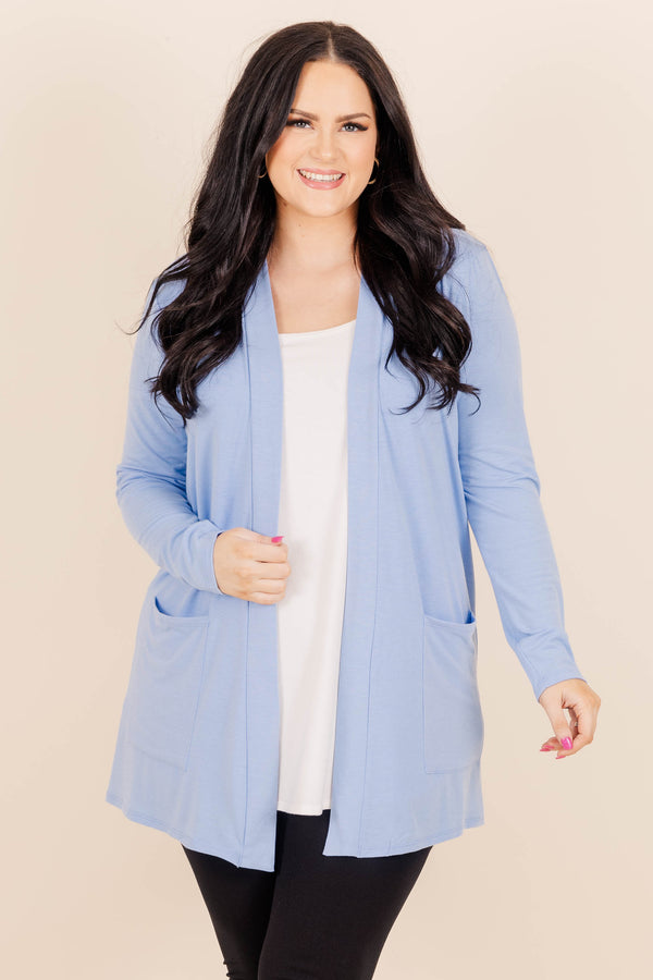 Chic Soul plus size clothing, spring blue lightweight buttery soft flowy mid thigh length cardigan