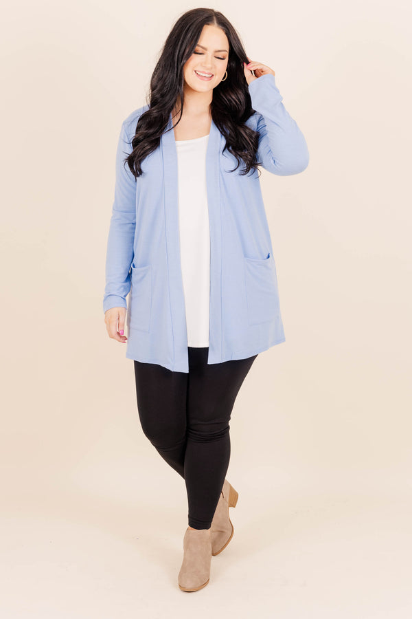 Chic Soul plus size clothing, spring blue lightweight buttery soft flowy mid thigh length cardigan