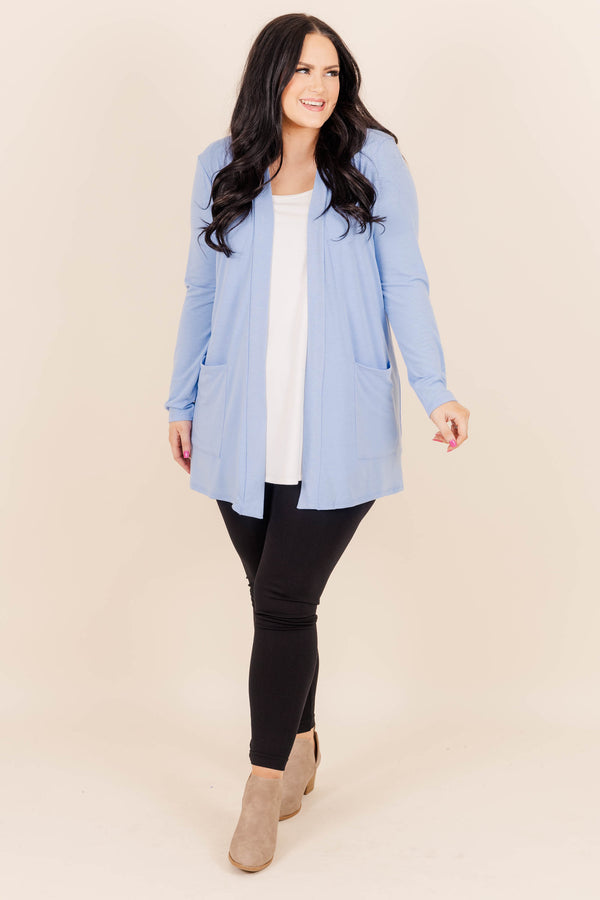 Chic Soul plus size clothing, spring blue lightweight buttery soft flowy mid thigh length cardigan