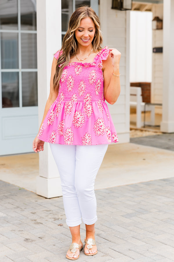 Chic Soul plus size clothing, pink babydoll tank with smocked bodice and white floral pattern