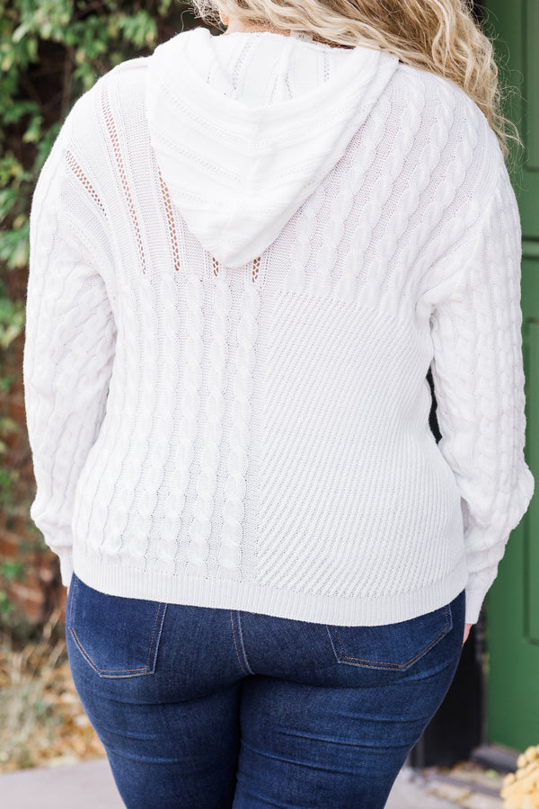Chic Soul plus size clothing, long sleeve white cable knit sweater hoodie with drawstring and hoodie detail 
