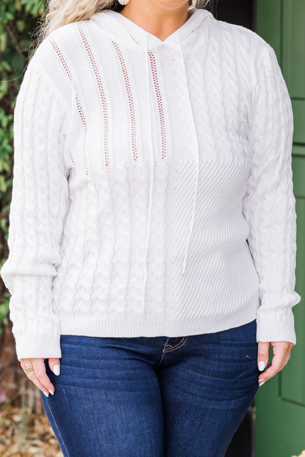 Chic Soul plus size clothing, long sleeve white cable knit sweater hoodie with drawstring and hoodie detail 