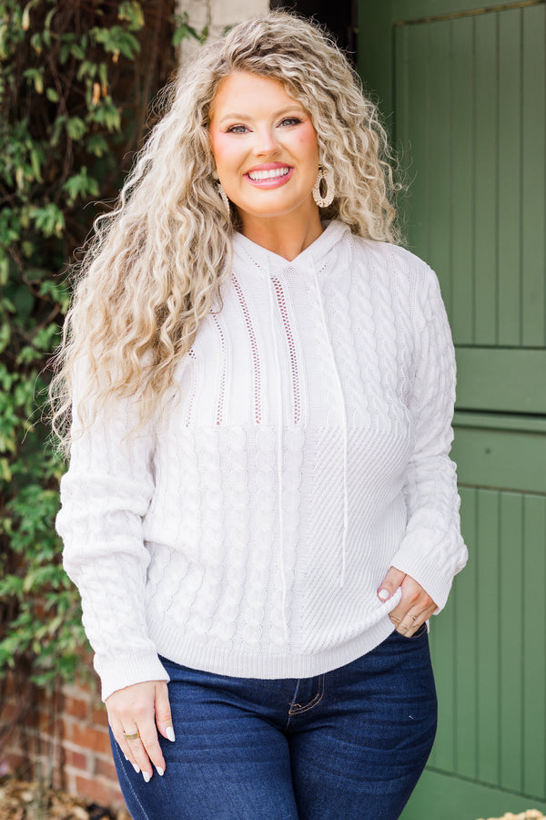 Chic Soul plus size clothing, long sleeve white cable knit sweater hoodie with drawstring and hoodie detail 