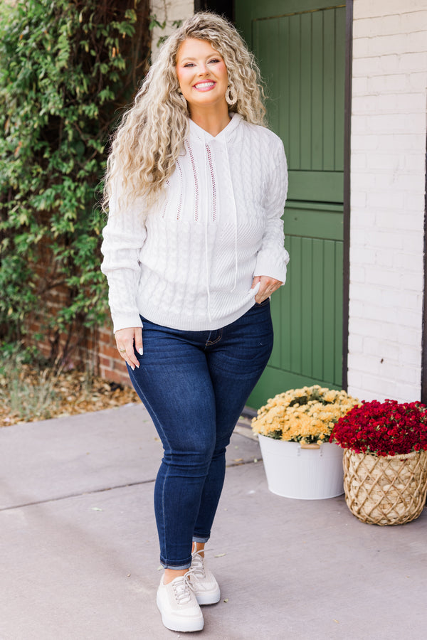 Chic Soul plus size clothing, long sleeve white cable knit sweater hoodie with drawstring and hoodie detail 