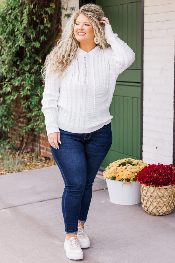 Chic Soul plus size clothing, long sleeve white cable knit sweater hoodie with drawstring and hoodie detail 