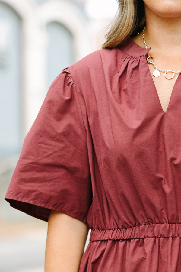 Plus Size brown cotton poplin maxi dress with short sleeves, a V-neckline, and a tiered skirt.