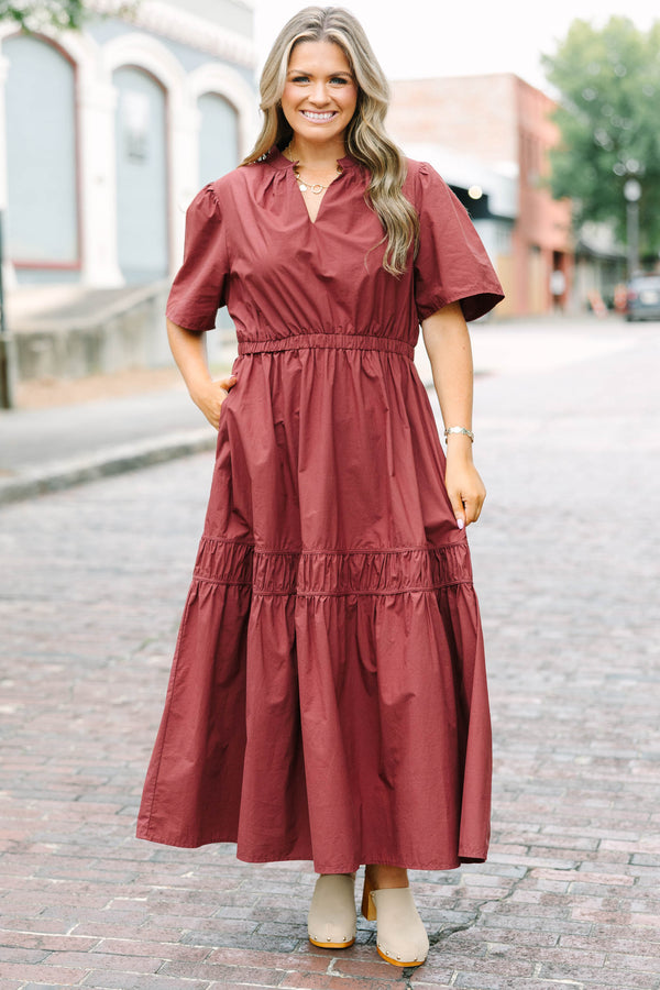 Plus Size brown cotton poplin maxi dress with short sleeves, a V-neckline, and a tiered skirt.