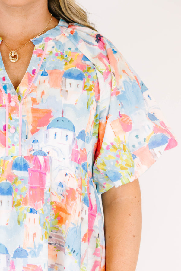 Chic soul plus size clothing, Multi color short baby doll dress with an abstract pattern and bubble sleeves 