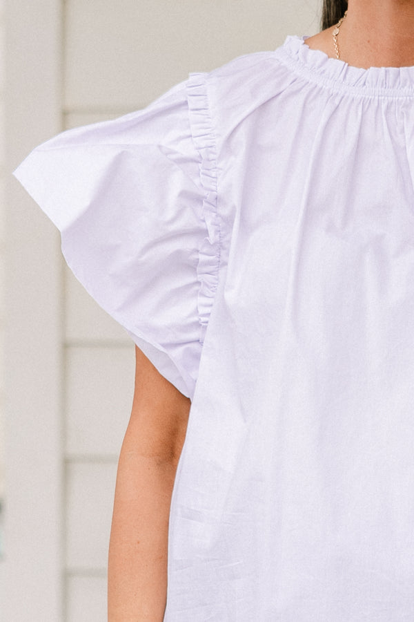 Chic Soul plus size clothing, short-puffed-sleeve white top with a ruffled mock-neck