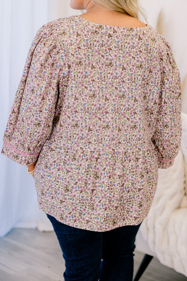 Chic Soul plus size clothing, pink floral top with long sleeves and pink scalloped details around the end of the sleeves and along the v-neckline 