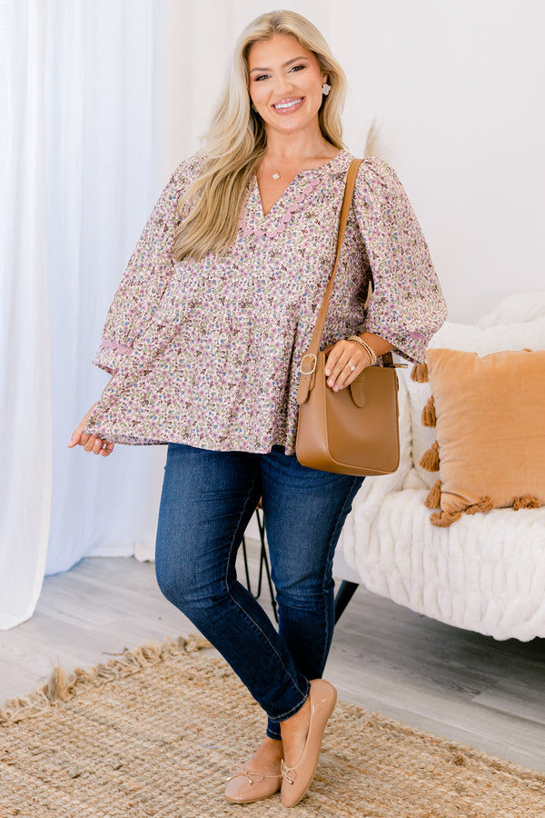Chic Soul plus size clothing, pink floral top with long sleeves and pink scalloped details around the end of the sleeves and along the v-neckline 