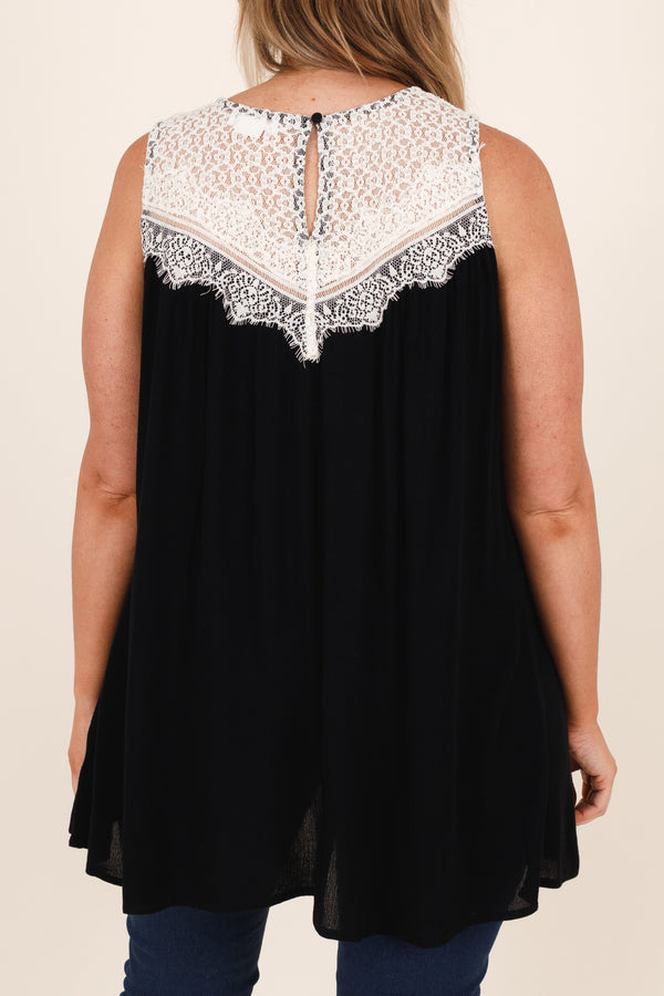 Chic Soul plus size clothing, black top with white lace detailing around neckline