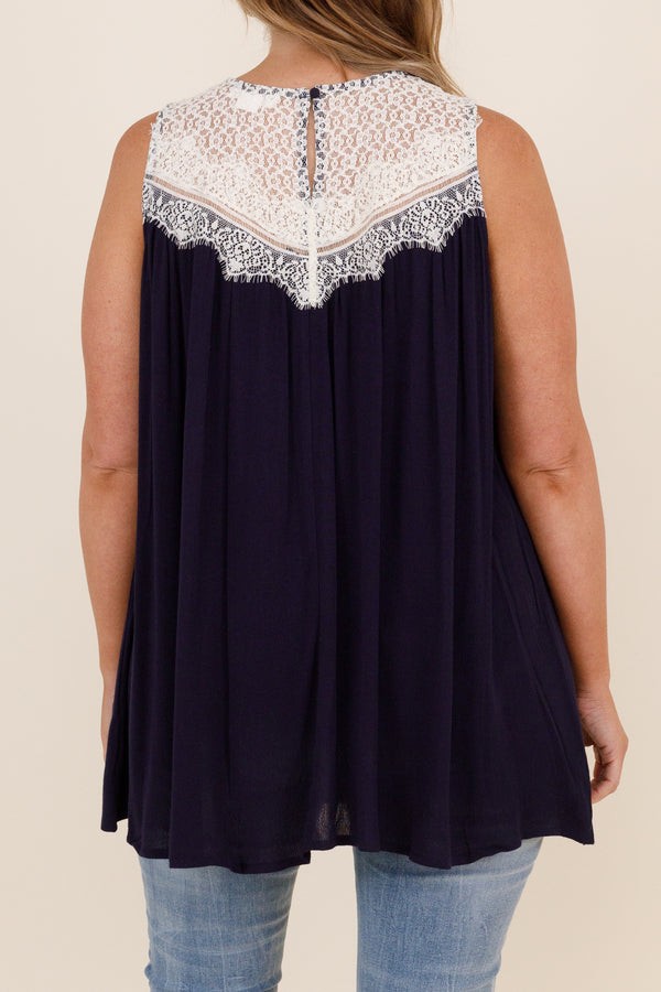 Chic Soul plus size clothing, flowy navy top with white lace detail