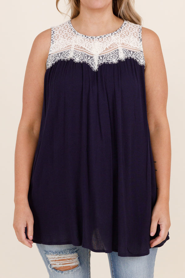 Chic Soul plus size clothing, flowy navy top with white lace detail