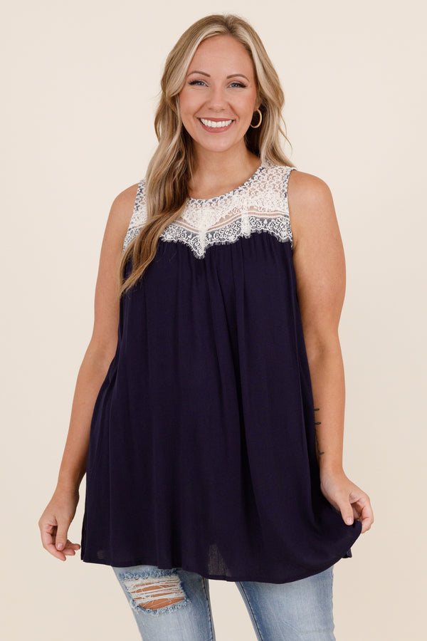 Chic Soul plus size clothing, flowy navy top with white lace detail