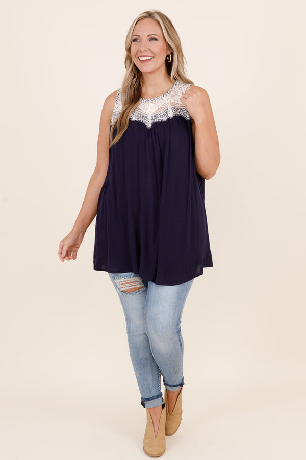 Chic Soul plus size clothing, flowy navy top with white lace detail
