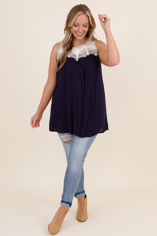 Chic Soul plus size clothing, flowy navy top with white lace detail