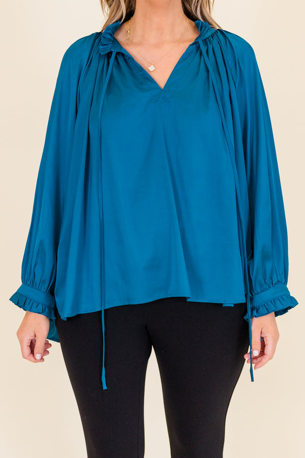 Chic Soul plus size clothing, long-sleeve v-neckline blue blouse with smocked detailing on wristline and neckline with tassels 