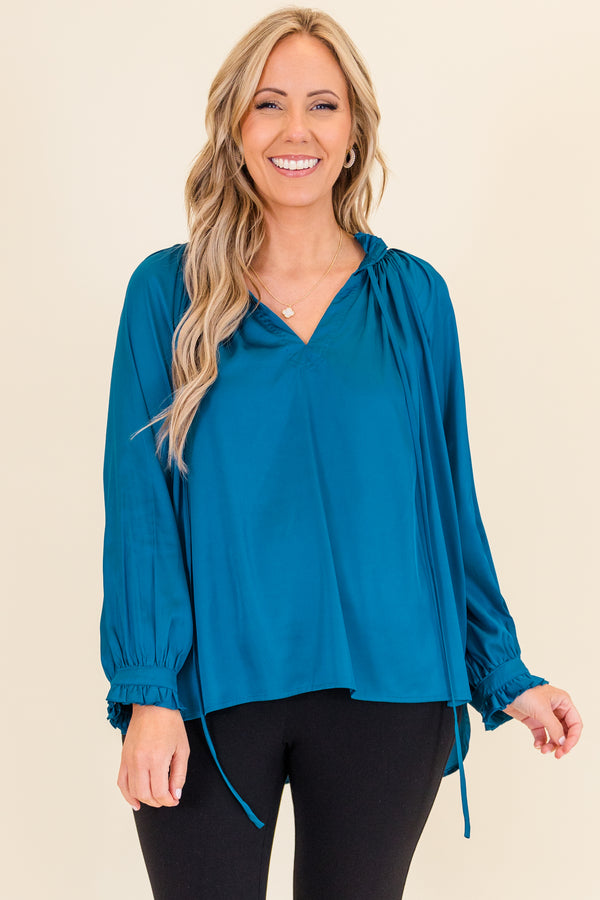 Chic Soul plus size clothing, long-sleeve v-neckline blue blouse with smocked detailing on wristline and neckline with tassels 