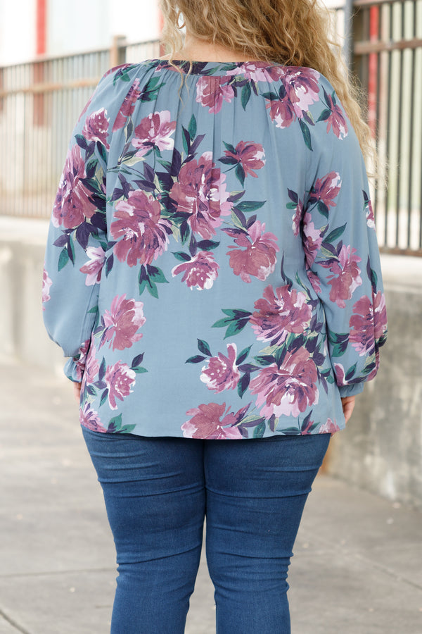 Chic Soul plus size clothing, blue button down top with purple floral pattern and bubble sleeves