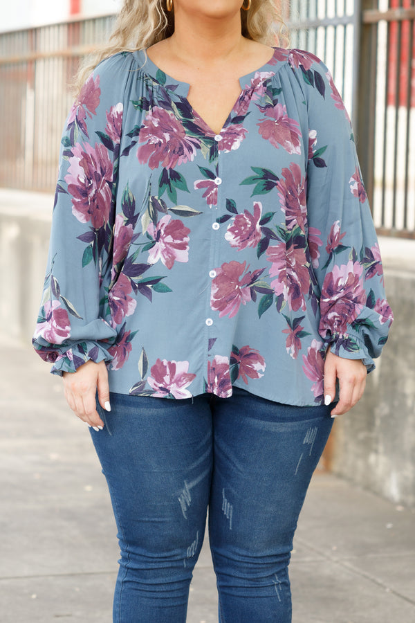 Chic Soul plus size clothing, blue button down top with purple floral pattern and bubble sleeves