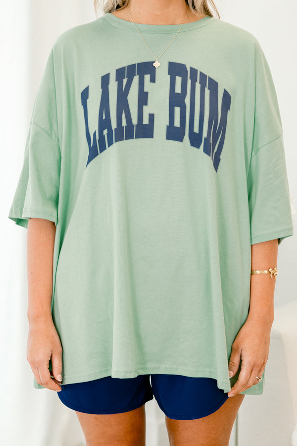 Chic Soul plus size clothing, short-sleeve light green boyfriend tee with a high-scoop-neckline with a navy blue lettering stating 