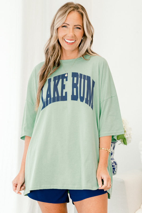 Chic Soul plus size clothing, short-sleeve light green boyfriend tee with a high-scoop-neckline with a navy blue lettering stating 