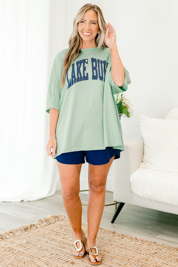 Chic Soul plus size clothing, short-sleeve light green boyfriend tee with a high-scoop-neckline with a navy blue lettering stating 