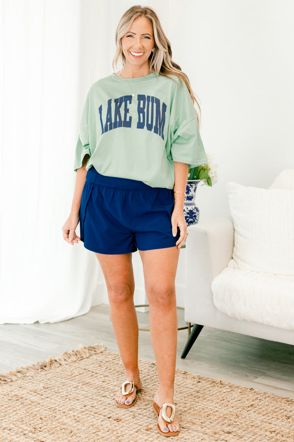 Chic Soul plus size clothing, short-sleeve light green boyfriend tee with a high-scoop-neckline with a navy blue lettering stating 