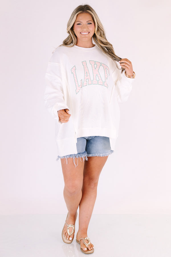 Chic soul plus size clothing, white crewneck sweatshirt with “lake” in block pink and white stripe font
