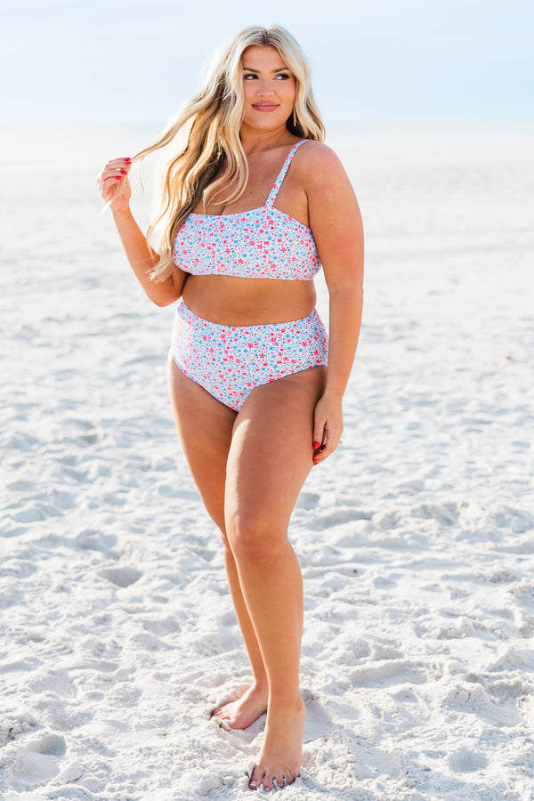 Chic Soul plus size clothing, high waisted white floral printed swim bottoms