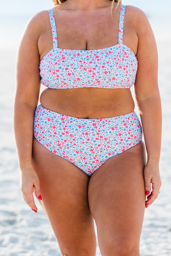 Chic Soul plus size clothing, white floral print bandeau cut bikini with spaghetti straps