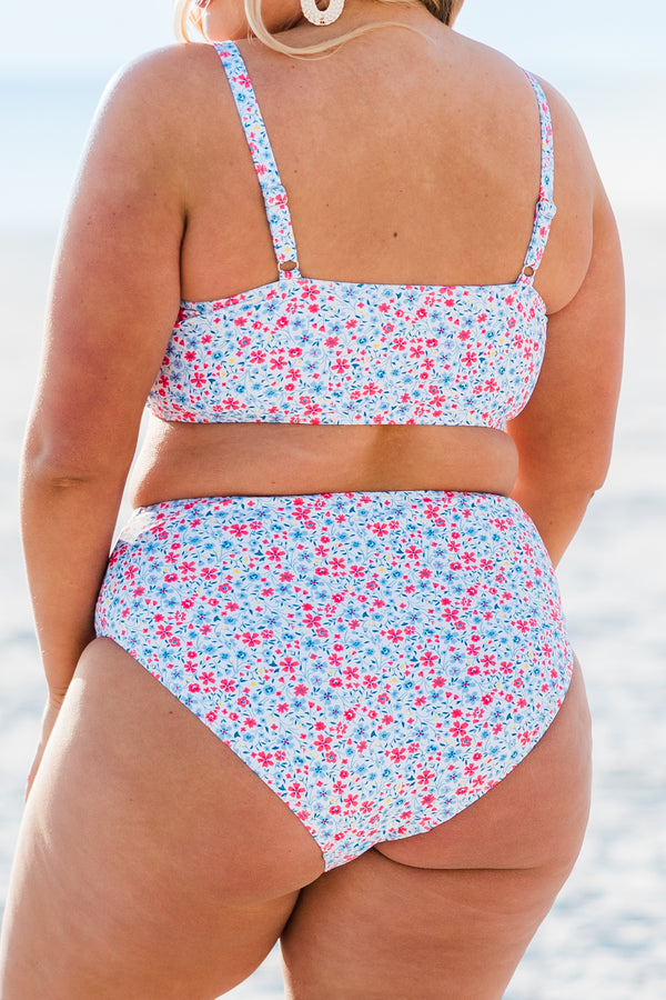 Chic Soul plus size clothing, white floral print bandeau cut bikini with spaghetti straps