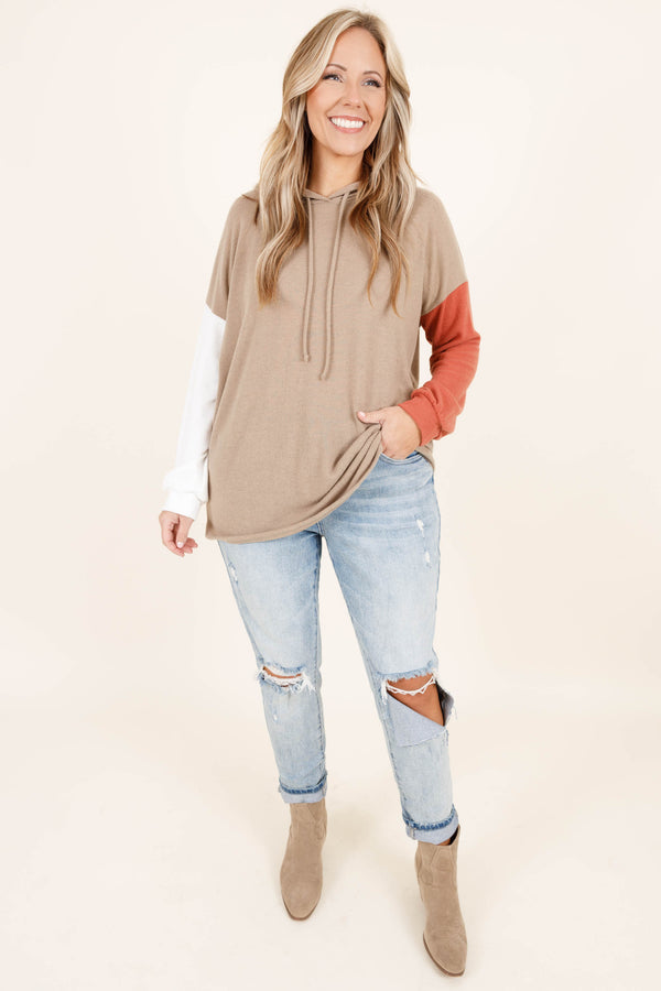 Chic Soul plus size clothing, taupe lightweight hoodie with colorblocking on the sleeves