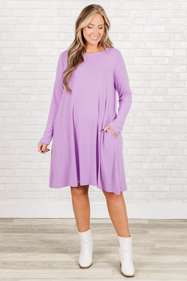Chic Soul Plus size clothing, bright lavender knee length dress with high neck and long sleeves.