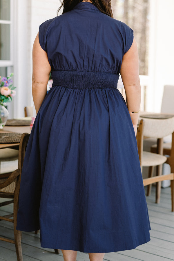 Chic Soul plus size clothing, navy flowy midi dress with cinched and ruched waistline with front zipper closure