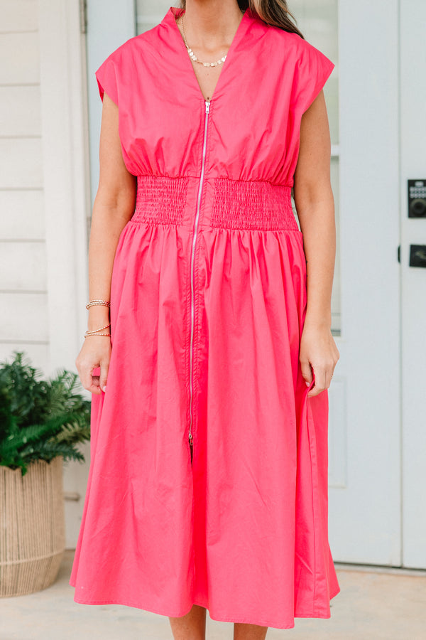 Chic Soul plus size clothing, pink short sleeve midi dress with full length zipper detail with v neckline with smocked cinched waist detail