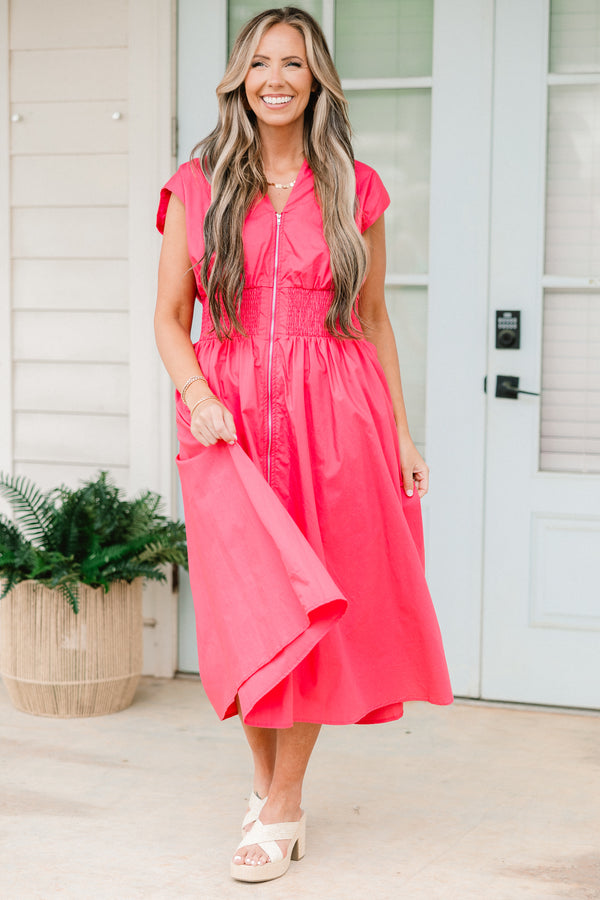Chic Soul plus size clothing, pink short sleeve midi dress with full length zipper detail with v neckline with smocked cinched waist detail