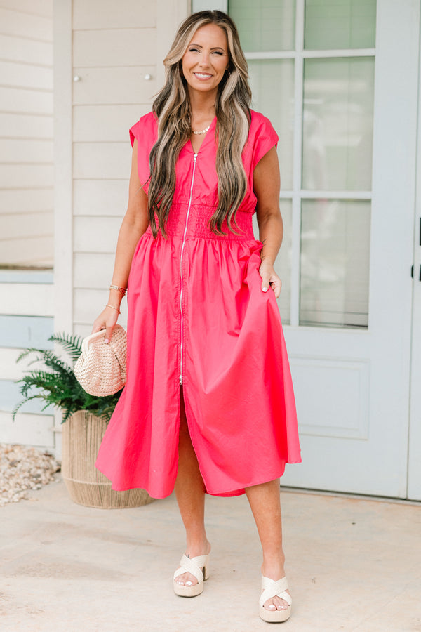 Chic Soul plus size clothing, pink short sleeve midi dress with full length zipper detail with v neckline with smocked cinched waist detail