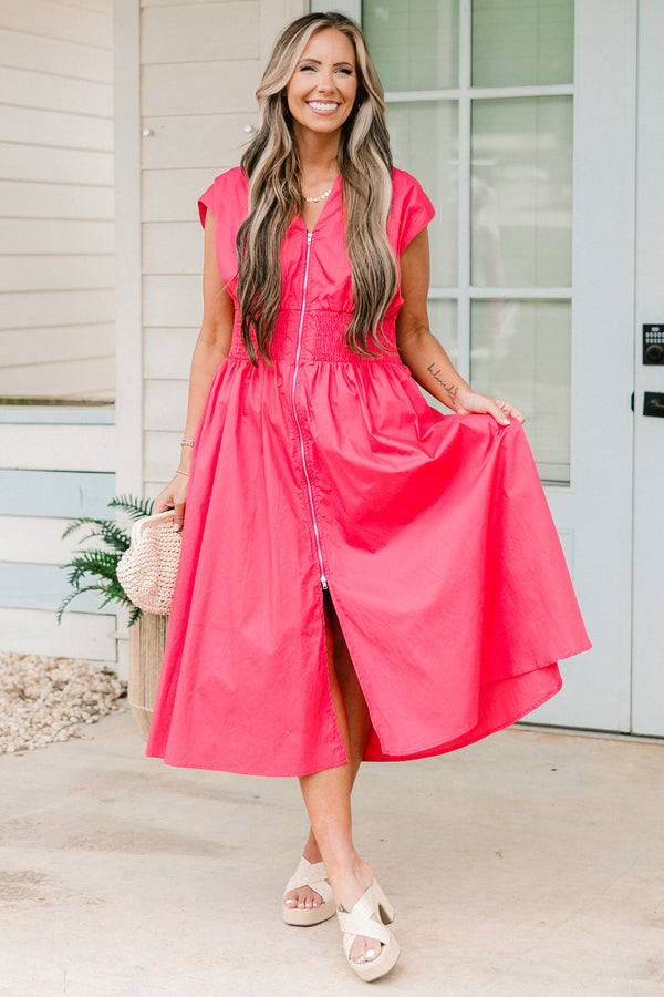 Chic Soul plus size clothing, pink short sleeve midi dress with full length zipper detail with v neckline with smocked cinched waist detail