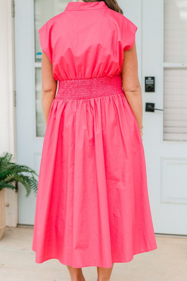Chic Soul plus size clothing, pink short sleeve midi dress with full length zipper detail with v neckline with smocked cinched waist detail