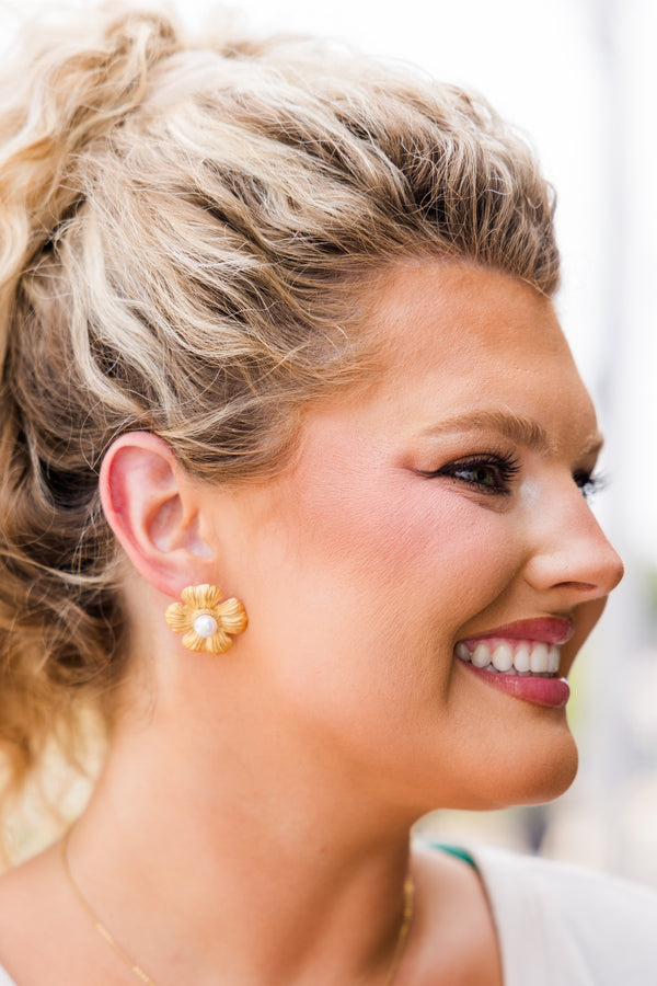 Chic Soul plus size clothing, gold flower pendant earrings with pearl detail in the middle